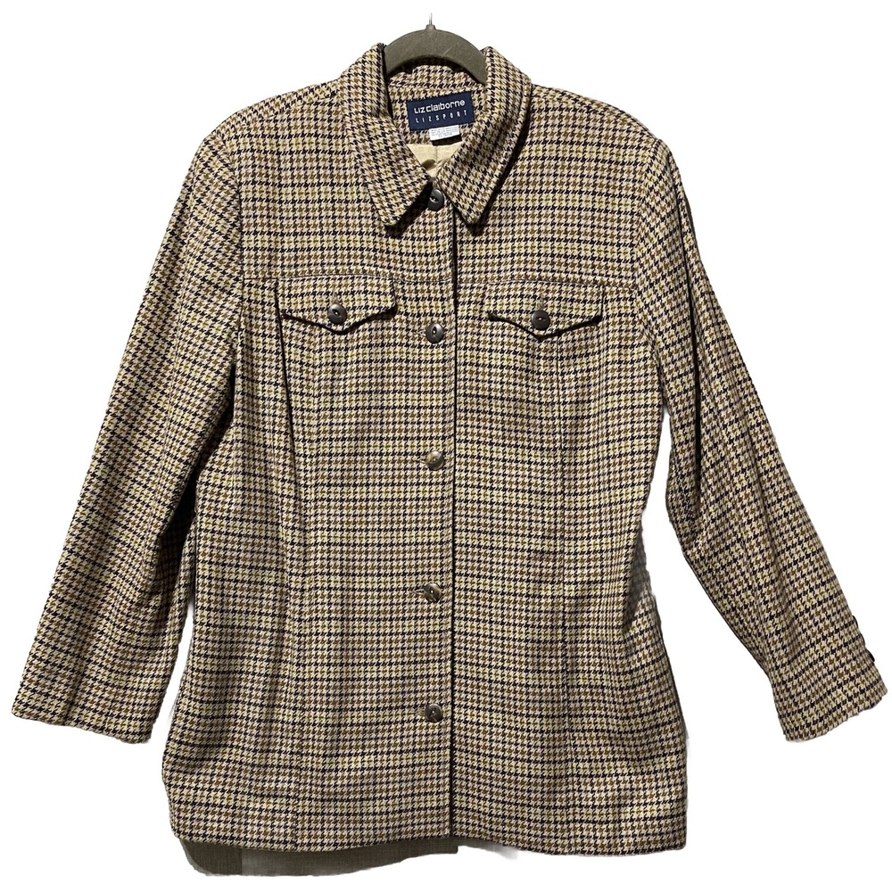 Liz Claiborne Plaid Wool Blazer Women's 10 Brown Equestrian Academia Heritage